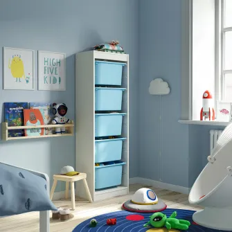 IKEA TROFAST Ansamblu depozitare+cutii, alb/bleu, 46x30x145 cm