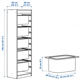 IKEA TROFAST Ansamblu depozitare+cutii, alb/bleu, 46x30x145 cm