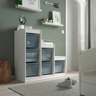IKEA TROFAST Ansamblu depozitare+cutii, alb/gri-albastru, 99x44x94 cm
