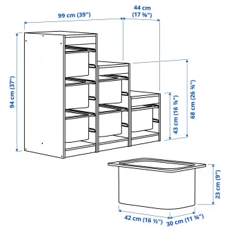 IKEA TROFAST Ansamblu depozitare+cutii, alb/gri-albastru, 99x44x94 cm