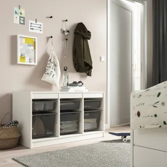 IKEA TROFAST Ansamblu depozitare+cutii, alb/gri inchis, 99x44x56 cm