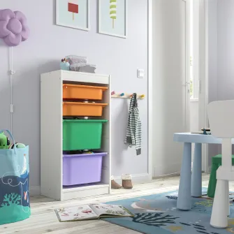 IKEA TROFAST Ansamblu depozitare+cutii, alb/multicolor, 46x30x94 cm