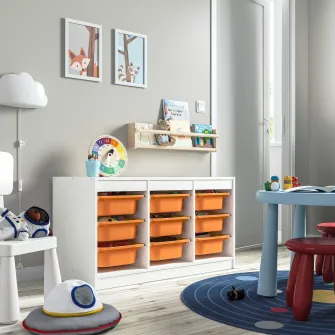 IKEA TROFAST Ansamblu depozitare+cutii, alb/portocaliu deschis, 99x44x56 cm