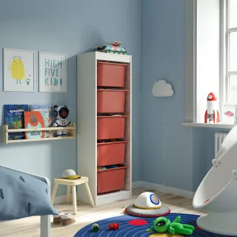IKEA TROFAST Ansamblu depozitare+cutii, alb/rosu, 46x30x145 cm