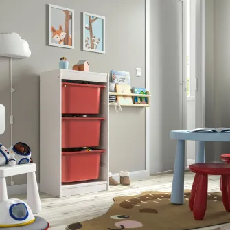 IKEA TROFAST Ansamblu depozitare+cutii, alb/rosu, 46x30x94 cm
