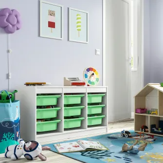 IKEA TROFAST Ansamblu depozitare+cutii, alb/verde deschis, 99x44x56 cm