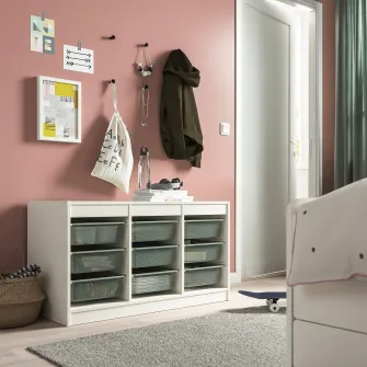IKEA TROFAST Ansamblu depozitare+cutii, alb/verde-gri deschis, 99x44x56 cm