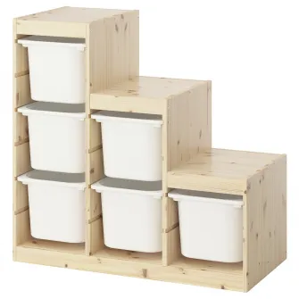 IKEA TROFAST Ansamblu depozitare+cutii, pin lacuit nuanta naturala/alb, 94x44x91 cm