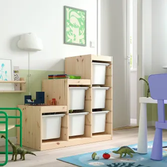 IKEA TROFAST Ansamblu depozitare+cutii, pin lacuit nuanta naturala/alb, 94x44x91 cm