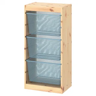 IKEA TROFAST Ansamblu depozitare+cutii, pin lacuit nuanta naturala/gri-albastru, 44x30x91 cm