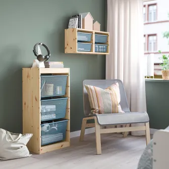 IKEA TROFAST Ansamblu depozitare+cutii, pin lacuit nuanta naturala/gri-albastru, 44x30x91 cm