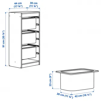 IKEA TROFAST Ansamblu depozitare+cutii, pin lacuit nuanta naturala/gri-albastru, 44x30x91 cm