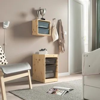 IKEA TROFAST Ansamblu depozitare+cutii, pin lacuit nuanta naturala/gri inchis, 32x44x52 cm