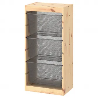 IKEA TROFAST Ansamblu depozitare+cutii, pin lacuit nuanta naturala/gri inchis, 44x30x91 cm