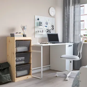 IKEA TROFAST Ansamblu depozitare+cutii, pin lacuit nuanta naturala/gri inchis, 44x30x91 cm