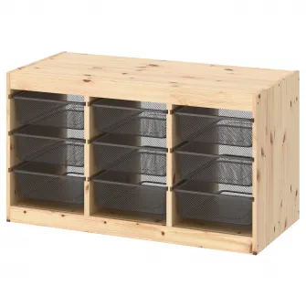 IKEA TROFAST Ansamblu depozitare+cutii, pin lacuit nuanta naturala/gri inchis, 93x44x52 cm