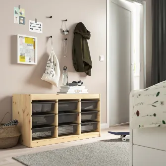 IKEA TROFAST Ansamblu depozitare+cutii, pin lacuit nuanta naturala/gri inchis, 93x44x52 cm