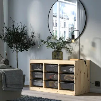 IKEA TROFAST Ansamblu depozitare+cutii, pin lacuit nuanta naturala/gri inchis, 93x44x52 cm