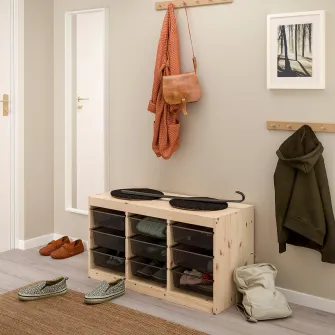 IKEA TROFAST Ansamblu depozitare+cutii, pin lacuit nuanta naturala/gri inchis, 93x44x52 cm