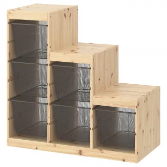 IKEA TROFAST Ansamblu depozitare+cutii, pin lacuit nuanta naturala/gri inchis, 94x44x91 cm