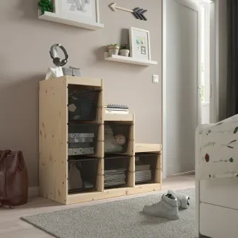 IKEA TROFAST Ansamblu depozitare+cutii, pin lacuit nuanta naturala/gri inchis, 94x44x91 cm