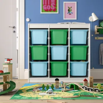 IKEA TROFAST Ansamblu depozitare+cutii, separator camera alb/bleu verde deschis, 99x44x94 cm