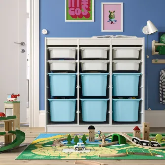 IKEA TROFAST Ansamblu depozitare+cutii, separator camera/alb bleu, 99x44x94 cm