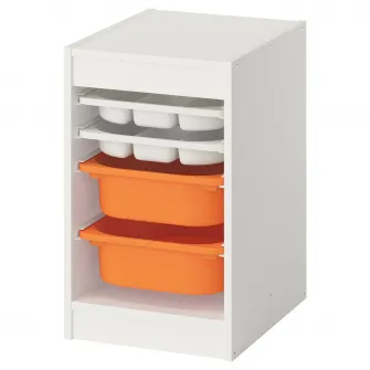 IKEA TROFAST Ansamblu depozitare+cutii/tavi, alb alb/portocaliu deschis, 34x44x56 cm