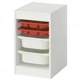 IKEA TROFAST Ansamblu depozitare+cutii/tavi, alb rosu/alb, 34x44x56 cm
