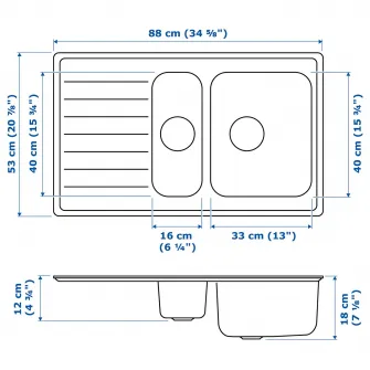 IKEA VATTUDALEN Chiuveta incorp 1½cuve+uscator, inox, 88x53 cm