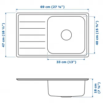 IKEA VATTUDALEN Chiuveta incorporata, 1cuva+uscator, inox, 69x47 cm