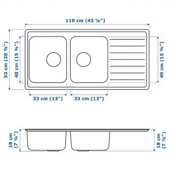 IKEA VATTUDALEN Chiuveta incorporata, 2cuve+uscator, inox, 110x53 cm