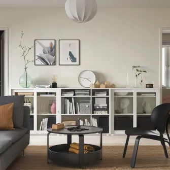 IKEA VIHALS Ansamblu depozitare cu usi sticla, alb/sticla transparenta, 285x37x90 cm