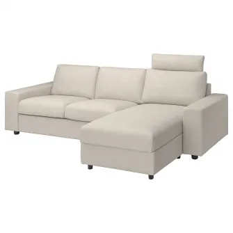 IKEA VIMLE Canapea 3 locuri cu sezlong, cu tetiera cu brate late/Gunnared bej
