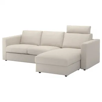 IKEA VIMLE Canapea 3 locuri cu sezlong, cu tetiera/Gunnared bej