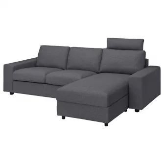IKEA VIMLE Husa canapea 3 locuri+sezlong, cu tetiera cu brate late/Gunnared gri mediu