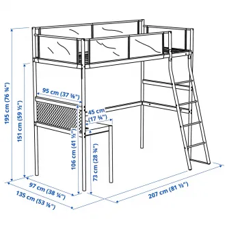 IKEA VITVAL Cadru pat supraetajat cu birou, alb/gri, 90x200 cm