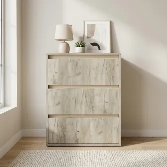 Comoda 4home Ideea K, 76x60x42 cm, 3 sertare, Stejar Kraft Gri/Satin