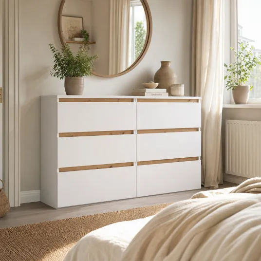 Comoda 4home Ideea K, 76x120x42 cm, 6 sertare, Nimfea Alba/Stejar Artizanal