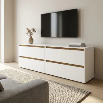 Comoda TV 4home Ideea, 52x160 cm, 2x2 sertare, Nimfea Alba/Stejar Artizanal