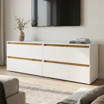 Comoda TV 4home Ideea, 52x160 cm, 2x2 sertare, Nimfea Alba/Stejar Artizanal