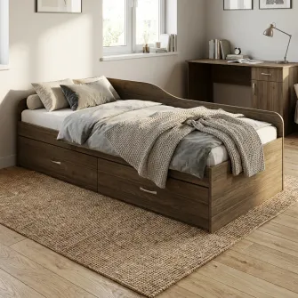 Pat tineret Hoff Gaspar, Saltea Hoff Lena 90x200 inclusa, 2 sertare, Culoare Nuc Amiral