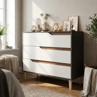 Comoda 4home Wood, 75x100x50 cm, 3 Sertare, Pal,Antracit/ Nimfea alba