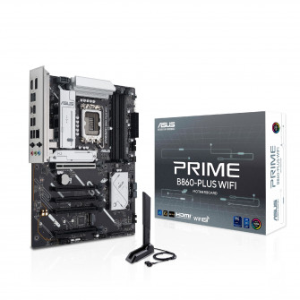 ASUS PRIME B860-PLUS WIFI, Socket 1851, Intel B860 (Ultra 2 Series CPU), CPU graphics, HDMI, DP, Dual 4xDDR5-8666, 5xPCIe X16 5.0, 4xSATA3, RAID, 2xM.2 5.0, 1xPCIe X1, Realtek 7.1 HDA, 2.5GbE LAN, WiFi6E/BT, 1xUSB-C3.2 Gen2x2, 2xUSB3.2Gen2, 4xUSB3.2(1C+3