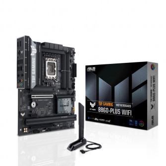 ASUS TUF GAMING B860-PLUS WIFI, Socket 1851, 16Phases, Intel B860 (Ultra 2 Series CPU), CPU graphics, HDMI, DP, Dual 4xDDR5-8666, 2xPCIe X16 5.0, 4xSATA3, RAID, 3xM.2 5.0, 1xPCIe X1, Realtek 7.1 HDA, 2.5GbE LAN, WiFi7/BT, 1xUSB-C3.2 Gen2x2, 3xUSB3.2 Gen2