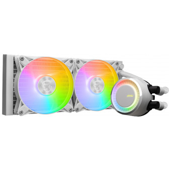 MSI MAG CORELIQUID E240 WHITE, 240mm radiator, Intel LGA 1851/1700/1200/115x & AMD AM5/AM4, 2x 120mm ARGB FDB fans, 14.3 ~ 34.3 dBA, 75.04 CFM, 4-pin PWM, Pump w/ARGB: 3000 RPM ± 10%, 20 dBA, 4-pin PWM, 200,000 hours, Cooper Base, Rotatable water cap for
