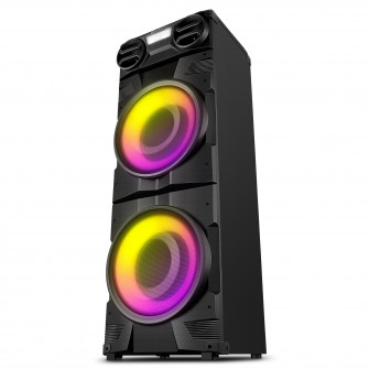 SVEN PS-1900, 1000W (2x500) Dynamic switchable RGB backlight, TWS, Bluetooth, FM, USB, LED display, 2 microphone inputs for karaoke, NFC, Audio input for connecting an electric guitar, Carrying handle and wheels, Wooden body (MDF), 17.2 kg, Black