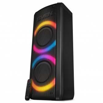 SVEN PS-710, 100W (2x50) Dynamic switchable RGB backlight, TWS, Fast Bluetooth connection by NFC (Android), FM, USB, microSD, LED display, 4400mA*h, Two microphone inputs for karaoke, Remote control, Carrying handle, Black