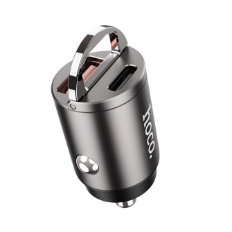 USB Car Charger - HOCO ''DZ1 PLUS'', 2 x USB charger, Total output: 5V/4.8A, up to PD3.0 / QC3.0, Super mini car charger, Silver