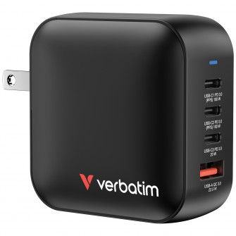 USB Charger VERBATIM Mini GaN Charger 100W, 4 Port (3 USB-C PD 3.0, 1 USB-A QC 3.0), US plug with EU and UK adaptors, fireproof material, black